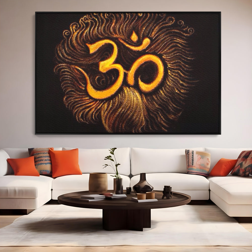 Tablou canvas cu tablou canvas cu simbolul om aurit, in rama de aluminiu negru, pe perete intr-un living
